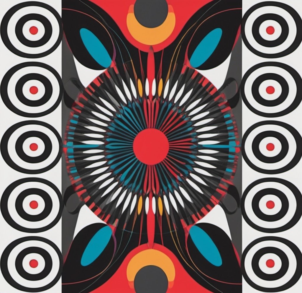 Prompt: a colorful abstract design with circles and lines on a white background with a red center and a black center, Alfred Manessier, abstract illusionism, triadic color scheme, a digital rendering