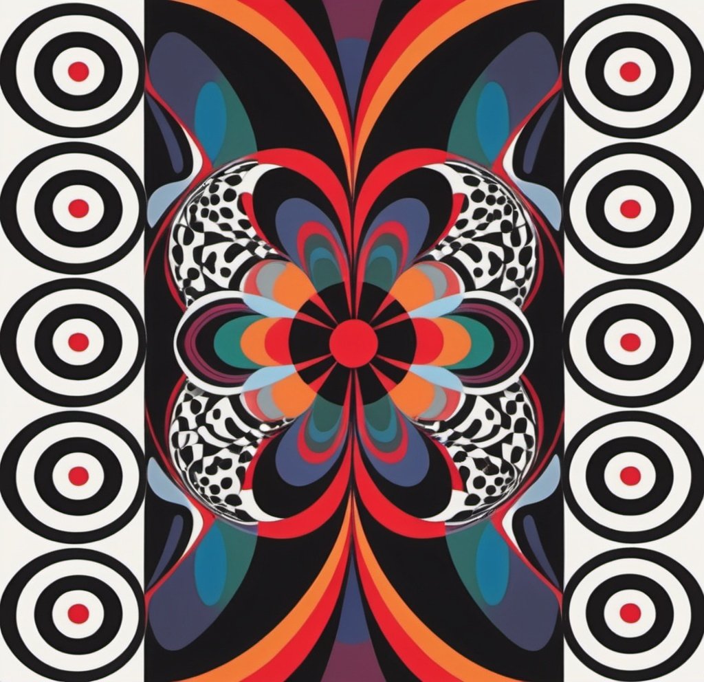 Prompt: a colorful abstract design with circles and lines on a white background with a red center and a black center, Alfred Manessier, abstract illusionism, triadic color scheme, a digital rendering