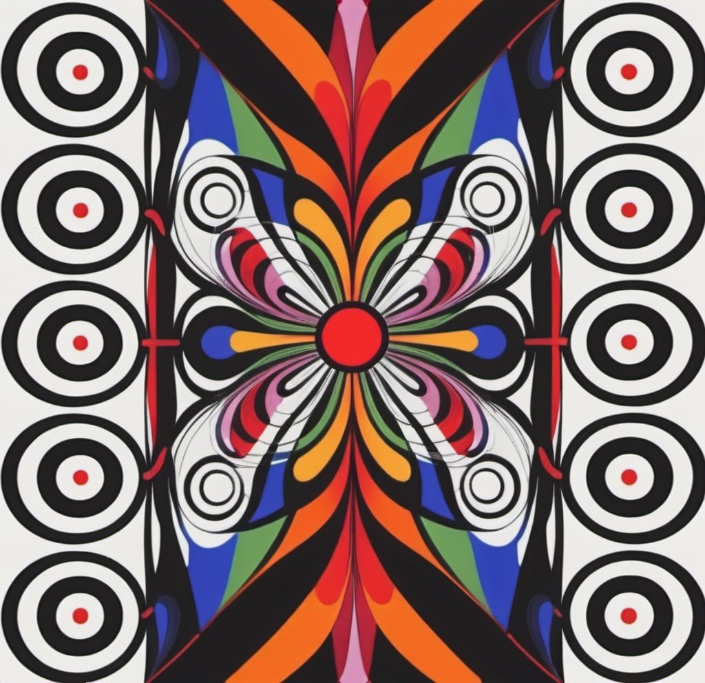 Prompt: a colorful abstract design with circles and lines on a white background with a red center and a black center, Alfred Manessier, abstract illusionism, triadic color scheme, a digital rendering