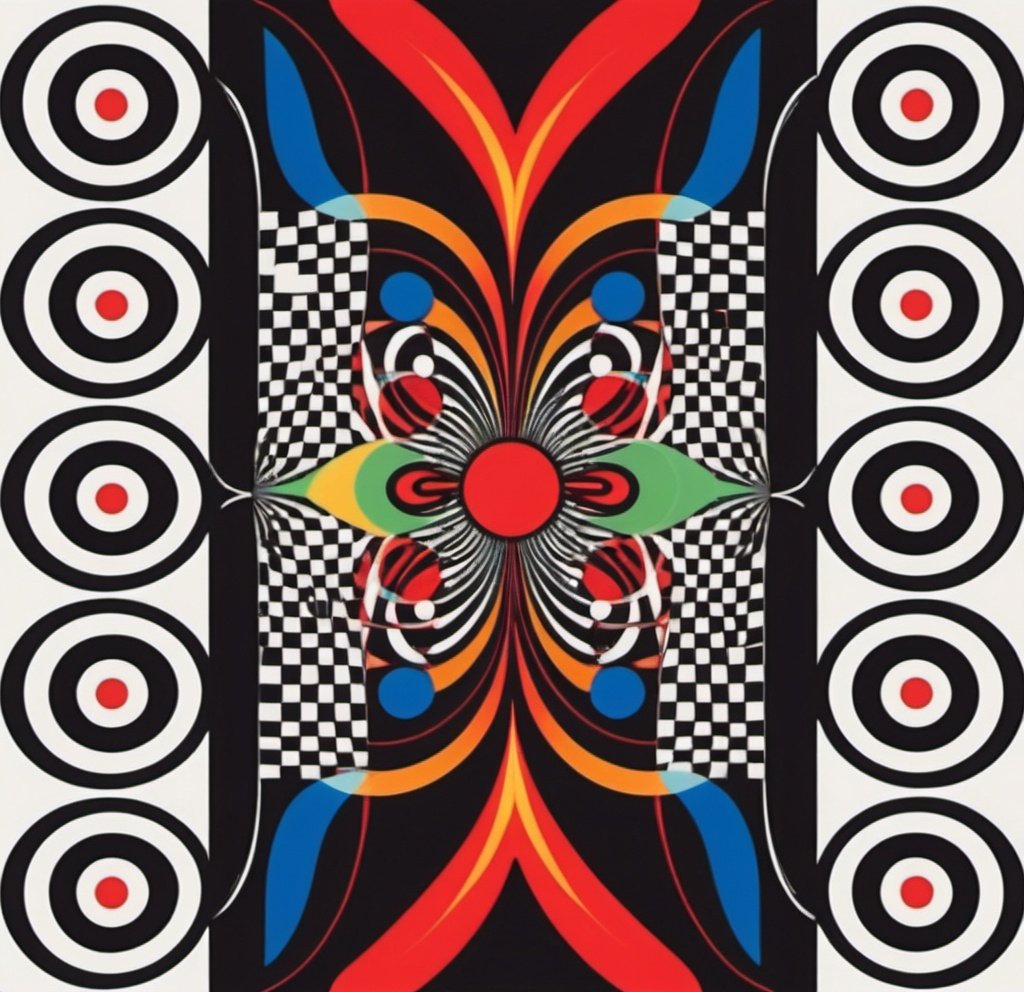 Prompt: a colorful abstract design with circles and lines on a white background with a red center and a black center, Alfred Manessier, abstract illusionism, triadic color scheme, a digital rendering