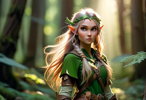 Prompt: Elf ranger in a mystical forest around sunlight,bracelets around the arm , hairs in the hair