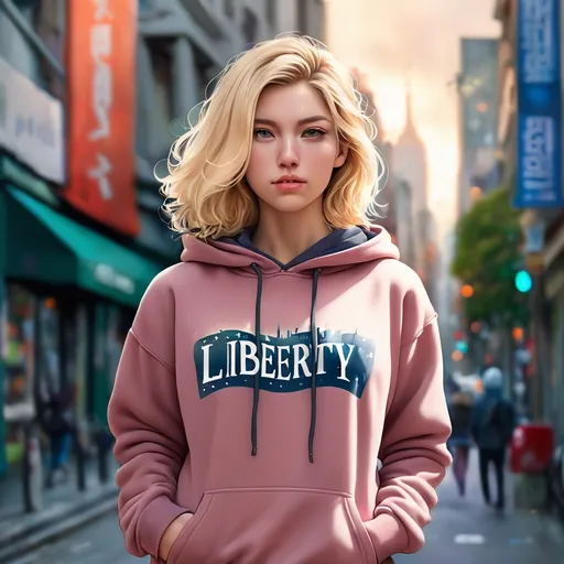 Prompt: A one blonde-haired Yang woman wearing a casual hoodie with the word 'Liberty' clearly visible on the front. The hoodie has a relaxed fit, and the woman is standing in a natural, urban environment, with soft lighting highlighting her face. Her expression is calm and thoughtful, and the word 'Liberty' is prominently displayed and easy to read. The background includes subtle details of a cityscape, but the focus remains on the shes and her hoodie