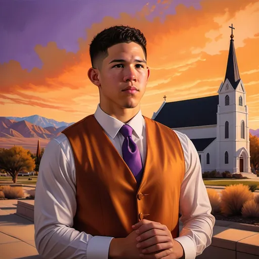 Prompt: Devin Booker (dressed as a Mormon), church in background, sunset casting warm golden hues, serene atmosphere, deep orange and purple sky, soft glow surrounding the figure, ultra-detailed, vibrant colors, capturing a tranquil moment, emphasizing contrasts between shadow and light, highlighting intricate architectural elements of the church.