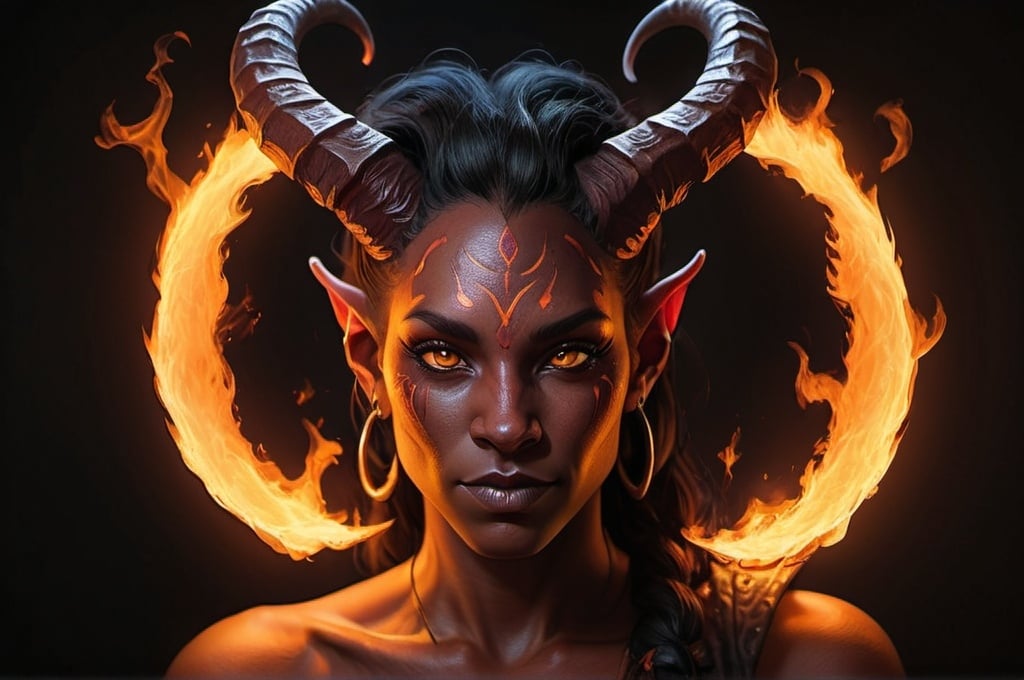 Prompt: hyper-realistic Tiefling character, fire hands, fantasy character art, dnd, warm tones, dark background, tattoo 'i love peace', high quality, hyper-realistic, fantasy art, detailed fire effects, intricate horns, intense gaze, professional, warm lighting, atmospheric illustration