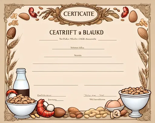 Prompt: create a hd image of a blank certificate  use Size: 11 x 8.5 inches 
Border: 1-inch decorative border featuring illustrations of Milk, Eggs, Peanuts, almonds, walnuts, cashews, Soy, Wheat, shrimp, crab, lobster, Fish, Sesame. 