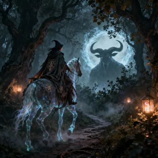 Prompt: A Hedge rider witch encounters Baphomet in the forest