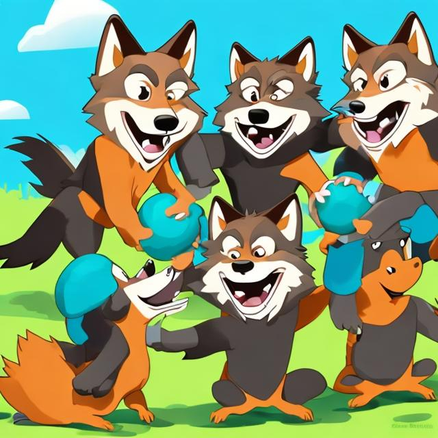 Prompt: cartoon wolves doing teambuilding