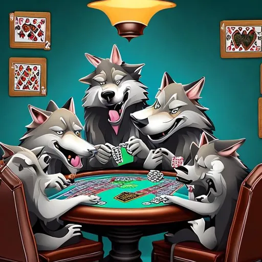 Prompt: cartoon wolves playing poker


