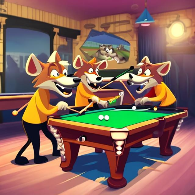 Prompt: cartoon wolves playing pool
