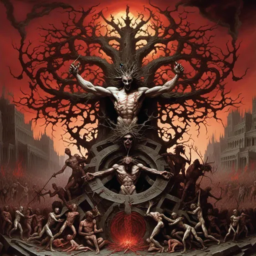 Prompt: <mymodel>DemonPunk bloody sinew Apocalypse crown of God collides with Earth third impact. Radiant crosses Lilith joins with Adam creating the tree of Life Armageddon