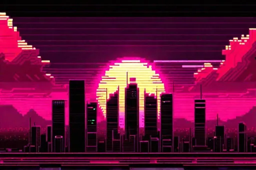 Prompt: Futuristic cityscape pixel art with vaporwave sun, black and dark red color tones, highres, detailed, atmospheric lighting, pixel art, futuristic, cityscape, vaporwave, dark colors, phone homescreen background