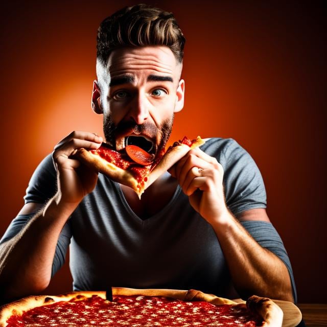 Prompt: A pizza eating a man. Photorealistic