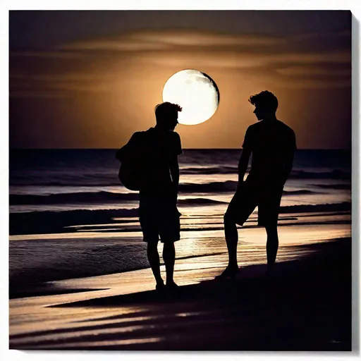 Prompt: Silhouette of two young men lovingly leaning into each other on a moonlit beach, tranquil waves, photo-realistic, warm tones, romantic, detailed hair shoulder leingth, serene atmosphere, full moon, beach setting, detailed shadows, moist skin glistening, peaceful, emotional, quality silhouette, beach, moonlit, loving embrace