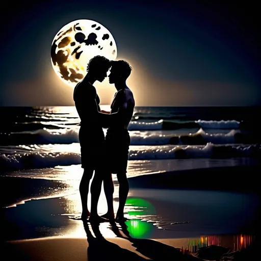 Prompt: Silhouette of two young men lovingly leaning into each other on a moonlit beach, tranquil waves, photo-realistic, warm tones, romantic, detailed hair shoulder leingth, serene atmosphere, full moon, beach setting, detailed shadows, moist skin glistening, peaceful, emotional, quality silhouette, beach, moonlit, loving embrace