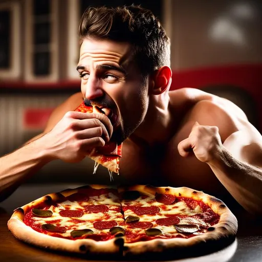 Prompt: A pizza eating a man. Photorealistic