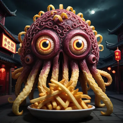 Prompt: Tentacle monster with giant glowing eye, Chinese town made of French fries, realistic, horror, humorous, detailed texture, dark and eerie lighting, high quality, 3D rendering, intense shadows, glowing eye, monstrous tentacles, detailed french fries, creepy atmosphere