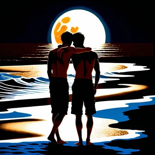 Prompt: Silhouette of two young men lovingly leaning into each other on a moonlit beach, tranquil waves, photo-realistic, warm tones, romantic, detailed hair shoulder leingth, serene atmosphere, full moon, beach setting, detailed shadows, moist skin glistening, peaceful, emotional, quality silhouette, beach, moonlit, loving embrace