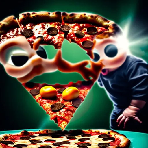 Prompt: Huge Anthropomorphic pizza slice eats a tiny human. Photorealistic