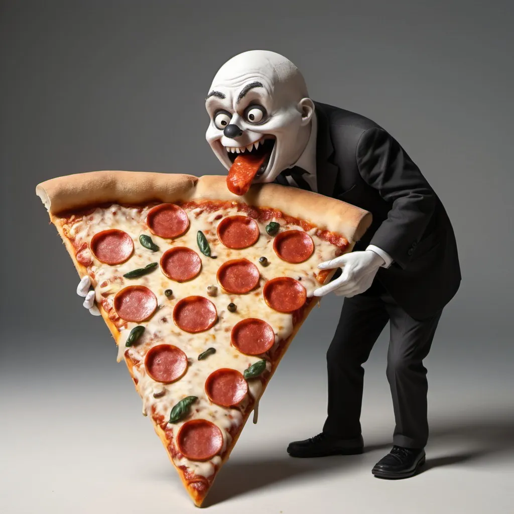 Prompt: Anthropomorphic pizza slixlce eats a small human