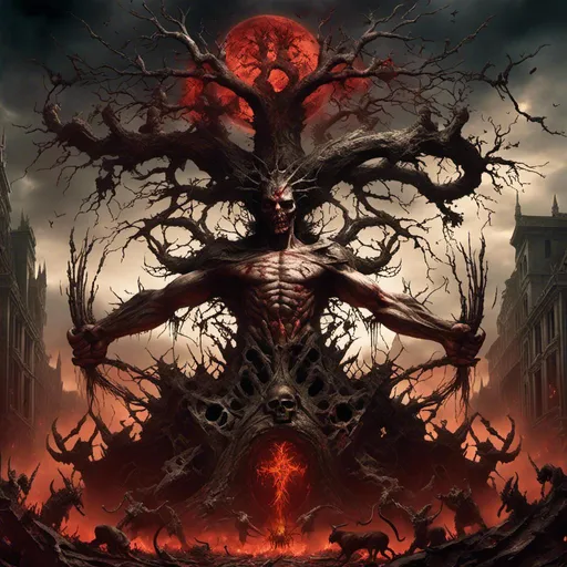 Prompt: <mymodel>DemonPunk bloody sinew Apocalypse crown of God collides with Earth third impact. Radiant crosses Lilith joins with Adam creating the tree of Life Armageddon