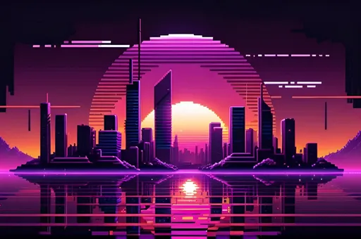 Prompt: Futuristic cityscape pixel art with vaporwave sun, dark purple and dark red color tones, highres, detailed, atmospheric lighting, pixel art, futuristic, cityscape, vaporwave, dark colors, phone homescreen background