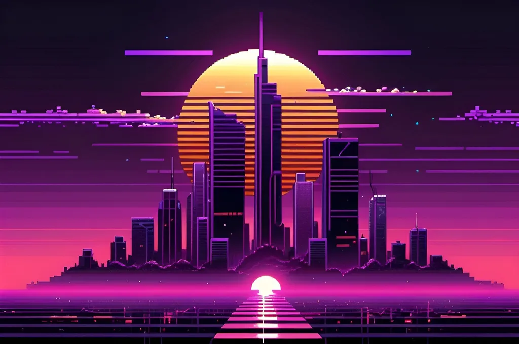 Prompt: Futuristic cityscape pixel art with vaporwave sun, dark purple and dark red color tones, highres, detailed, atmospheric lighting, pixel art, futuristic, cityscape, vaporwave, dark colors, phone homescreen background