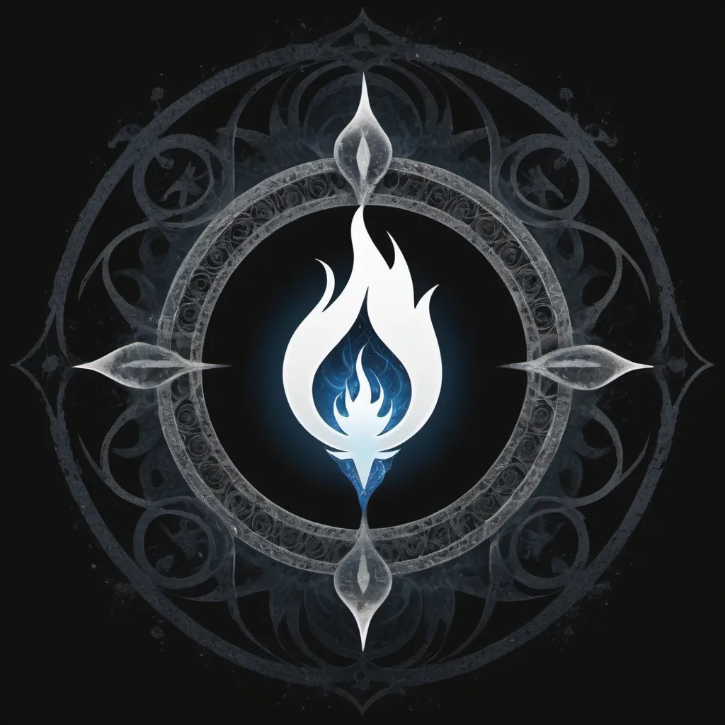 Prompt: Background: A light gray, solid color.

Foreground:

Black flame:
 A single black flame licking
upwards in the center, edged with a
flickering ethereal blue-white aura.

Alchemical Symbols:
 Dark-colored
alchemical symbols scattered chaotically
around the flame, some overlapping,
emphasizing symbols related to
transformation, fire, or the unknown

Circles: 
Dark and intricate ethereal circles
woven throughout the design, shimmering
with a subtle silver light, some fading
softly into the background.

Center: 
A clear, rough square space in the
middle, sized and positioned for your Niagara
Launcher widget.