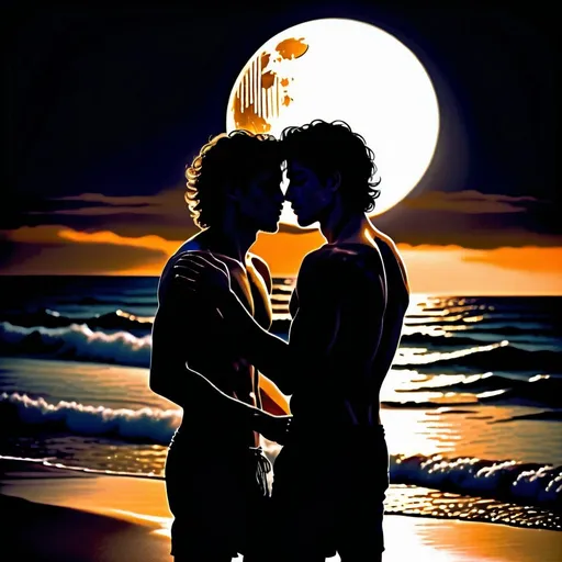Prompt: Silhouette of two young men lovingly leaning into each other on a moonlit beach, tranquil waves, photo-realistic, warm tones, romantic, detailed hair shoulder leingth, serene atmosphere, full moon, beach setting, detailed shadows, moist skin glistening, peaceful, emotional, quality silhouette, beach, moonlit, loving embrace