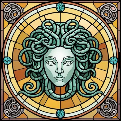 Prompt: Medusa head stained glass pattern.