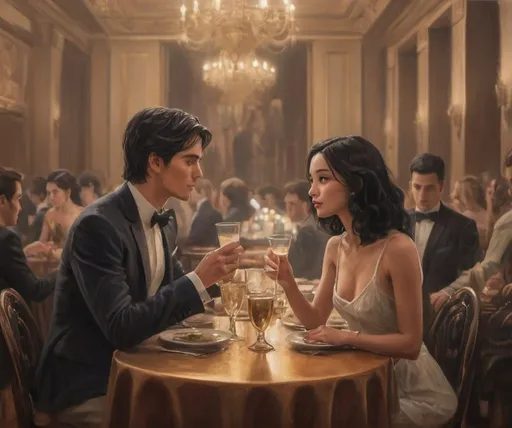 Prompt: A bustling luxurious dining hall with many people dancing  a man and a woman talking while sitting down and drinking a drink the man is young with fair skin black hair the woman is very pretty and young with black hair they're both looking at the dancing couples

