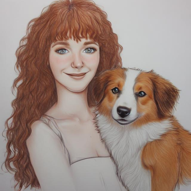 Prompt: A drawing of a white, 25 year old female with long, curly, red hair with an Australian Shepherd dog. 