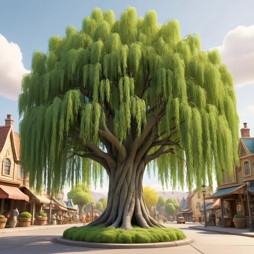 Prompt: a full beautiful tall willow  tree rendered in 3d disney pixar style. the background is white. 