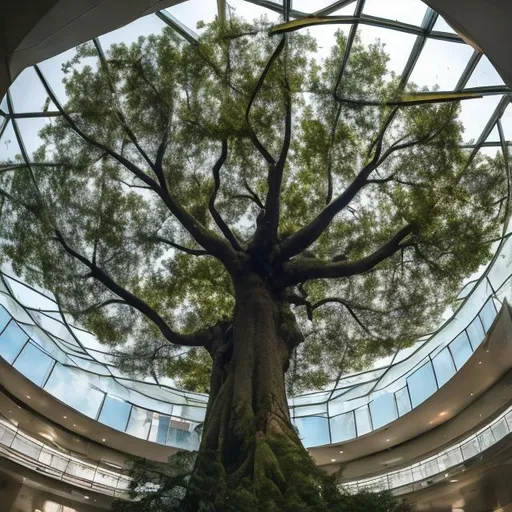 Prompt: Massive tree breaking a glass ceiling with its spreading branches