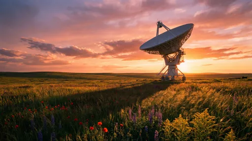 Prompt: Radio telescope at sunset