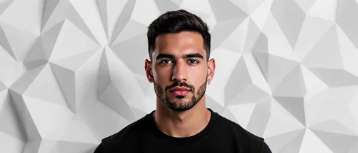 Prompt: handsome latino man, modern geometric 3D background
