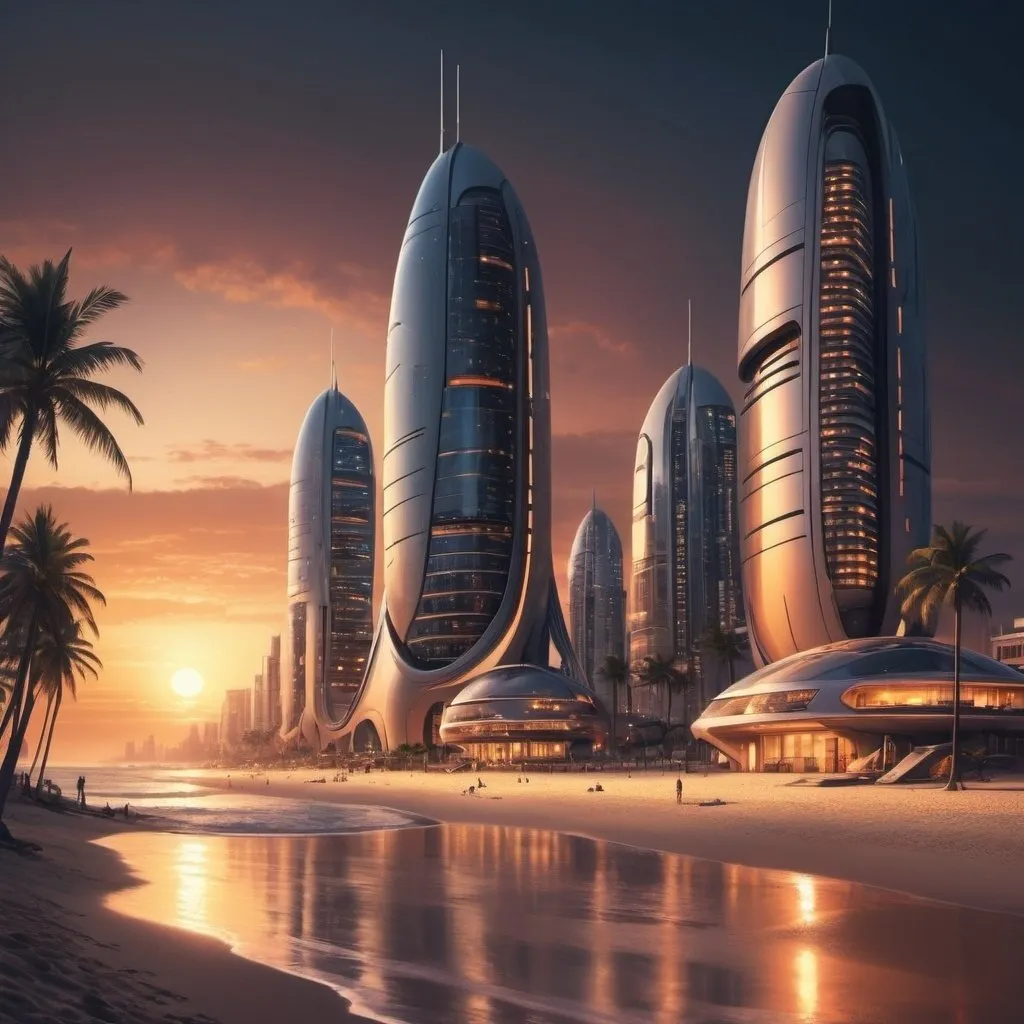 Prompt: futuristic city at night on beach front, photorealism, detailed architecture, warm tones, realistic lighting, high quality, sunset, beachfront, futuristic cityscape, photorealism, detailed architecture, warm tones, realistic lighting, professional