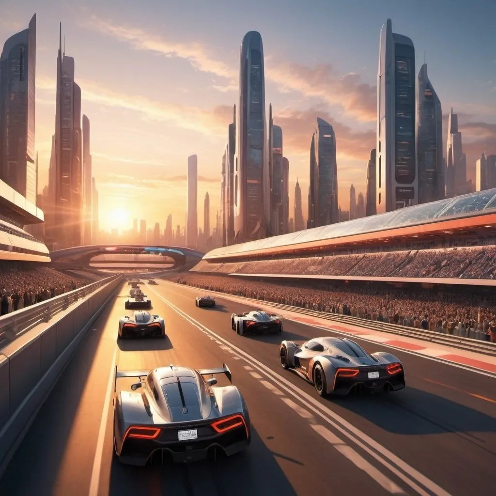 Prompt: Photorealistic depiction of a futuristic racetrack through a bustling city at sunset, detailed cityscape, realistic lighting, high quality, photorealism, futuristic city, sunset, bustling racetrack, detailed cityscape, realistic lighting