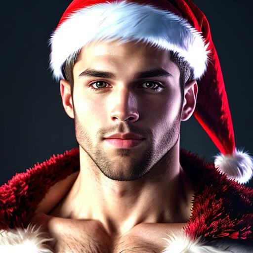 Prompt: Photorealistic full body portrait of an athletic young man in a Santa costume, detailed facial features, realistic fur texture, lifelike muscle definition, high quality, photorealism, detailed eyes, full body, Santa costume, athletic physique, realistic fur, lifelike muscles, professional lighting