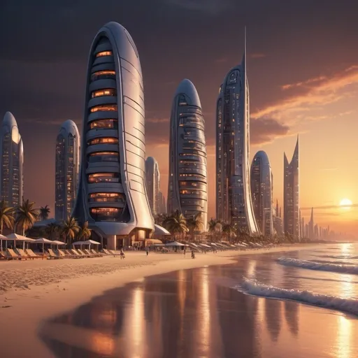 Prompt: futuristic city at night on beach front, photorealism, detailed architecture, warm tones, realistic lighting, high quality, sunset, beachfront, futuristic cityscape, photorealism, detailed architecture, warm tones, realistic lighting, professional