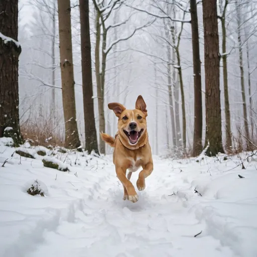 Prompt: dog running in a snowy forest