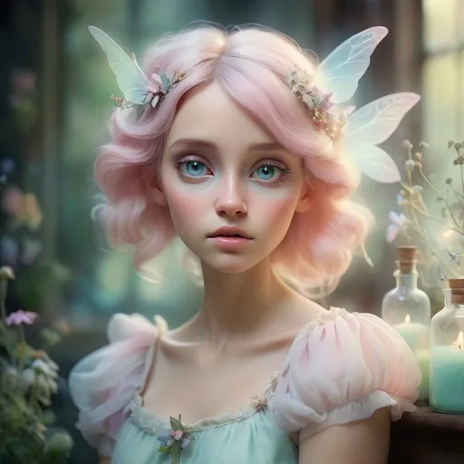 Prompt: Dreamy pastel portrait, Apothecary fairy, ethereal atmosphere, soft focus