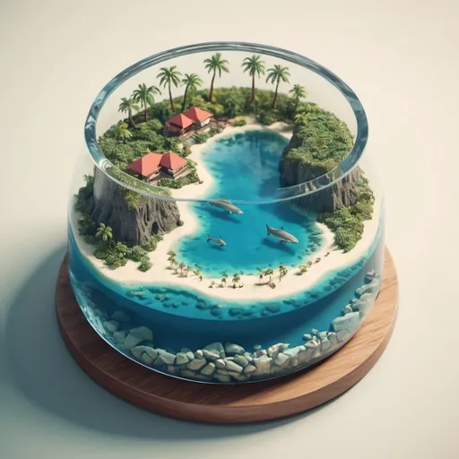 Prompt: miniature isometric world render, a caatle surrounded by clear water, Hawai, on a table
