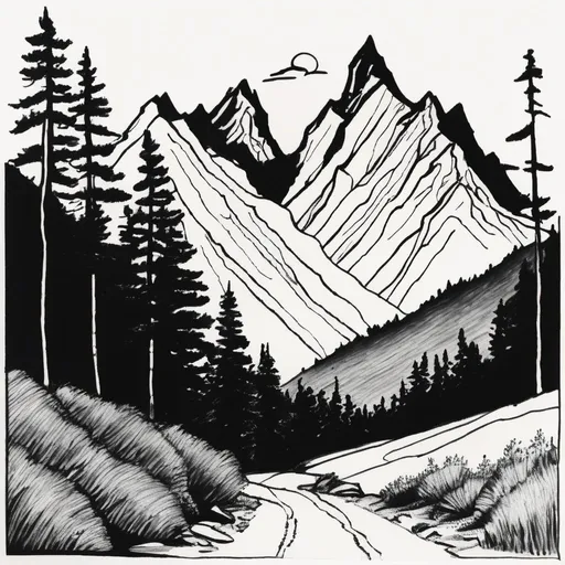 Prompt: Simple 1950s sharpie drawing black and white only. Family vacation mountains
