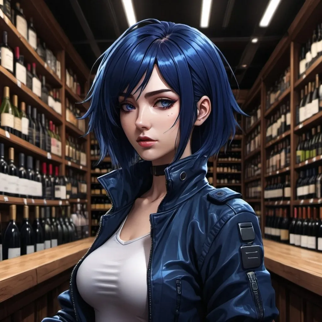 Prompt: Anime cyberpunk style, female with navy blue hair in wine shop, highly detailed, HD, dark background