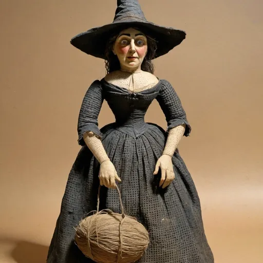 Prompt: 19th c painted carved witch woven/perforated, soft sculpture, creased wrinkled, stop-motion animation