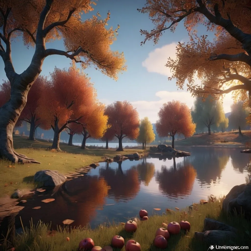 Prompt: a mysterious orchard next to a lake, autumn, nightfall, high quality, unreal engine