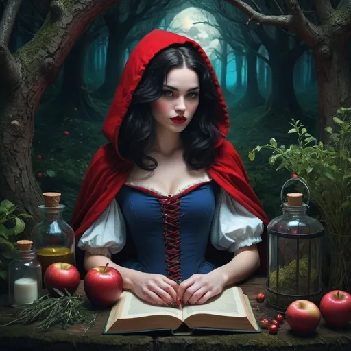 Prompt: Beautiful female dark fantasy . Ophelia Snow White Persephone Little Red Riding Hood and I will see wonderland. Deep in dark wooded forest near the outskirts of a small dark corner of an orchard Apple sits apothecary. Full of which vibrant herbs and oils. Old school books. Enchanted. Vibrant. Intricately detailed. Fantasy art.