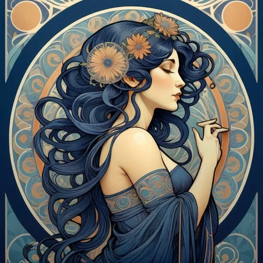 Prompt: Alphonse Mucha Style, art nouveau illustration of a full body woman, thick lines, intricate details, navy blue hair, navy blue and peace colors