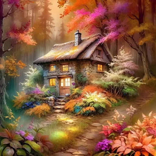 Prompt: Nestled amidst a vibrant forest, a quaint stone cottage emanates warmth with its inviting glow, highlighted by an orange light filtering through its windows. The thatched roof, weathered yet charming, boasts a blend of colors, reflecting the golden hues of autumn leaves surrounding the home. A pathway, lined with lush greenery and colorful shrubs, leads gently up to the entrance, while the backdrop showcases the rich textures of tall trees and hazy mist, creating an enchanting atmosphere. The enchanting scene captures a magical, serene mood, hinting at stories of comfort and nature's beauty intertwined. The overall composition merges fantasy with tranquility, inviting viewers to imagine the wonders within and around this cozy abode.
