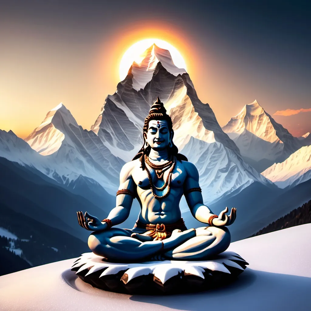 Prompt: God Shiva meditating on a mountain with sun set in the background and tall snow covered peaks all around.